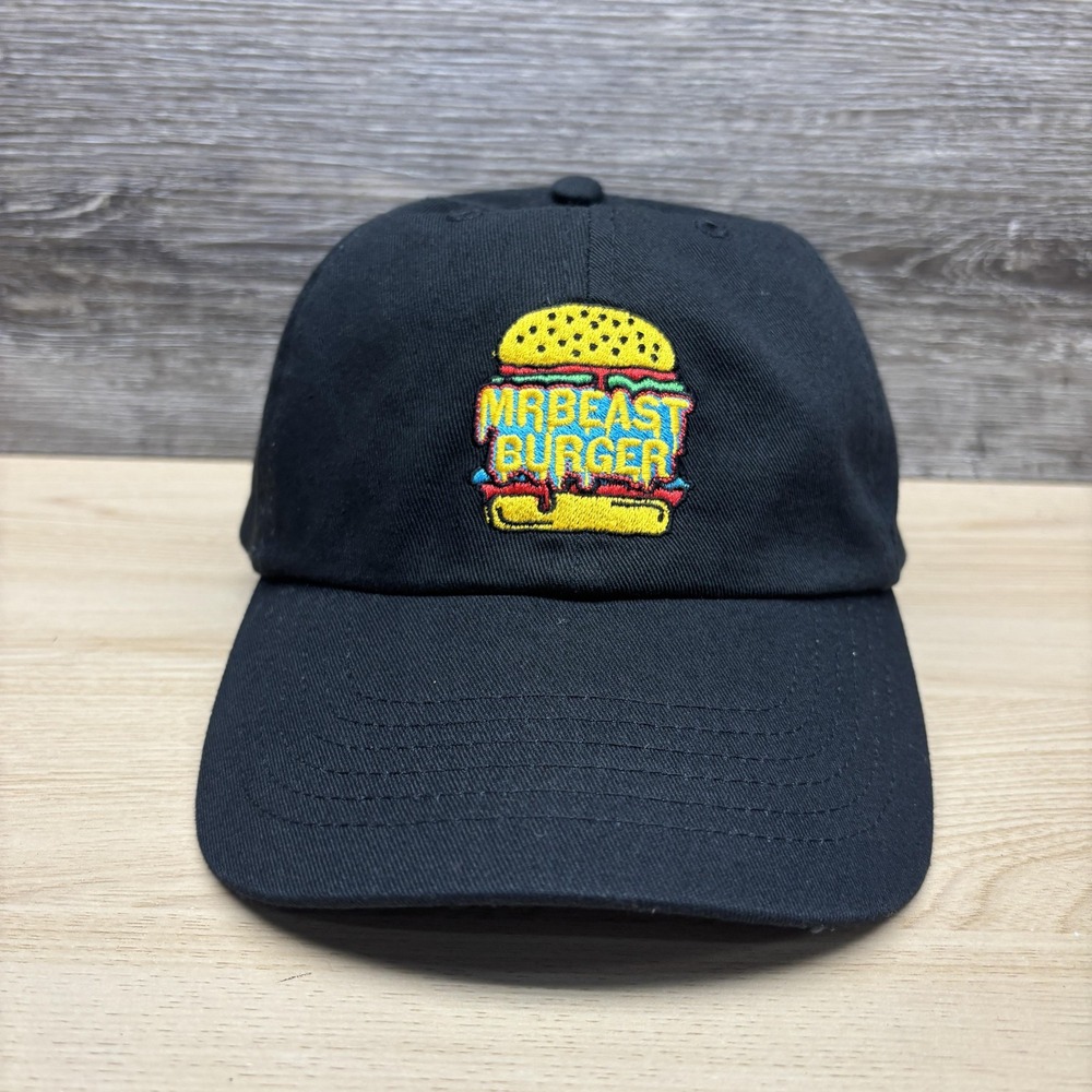 MrBeast Burger Hat Cap Strap Back Mens One Size Black Embroidered Logo Baseball